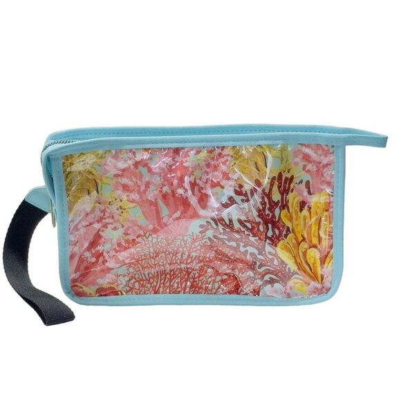 Women's Clear Vinyl Coral Reef / Floral Print Zippered Pouches Black Wrist Strap - Picture 3 of 11